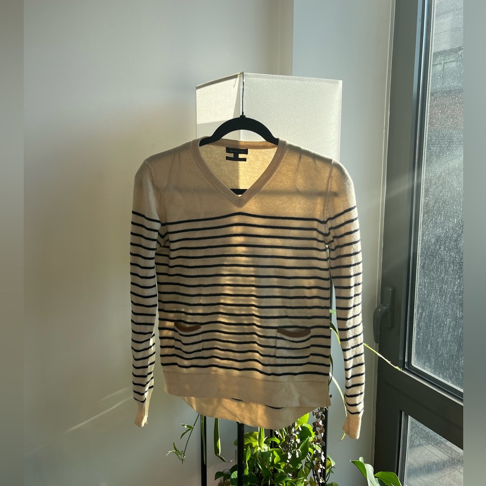 Massimo Dutti 100% striped cashmere wool sweater with tan suede elbow pads